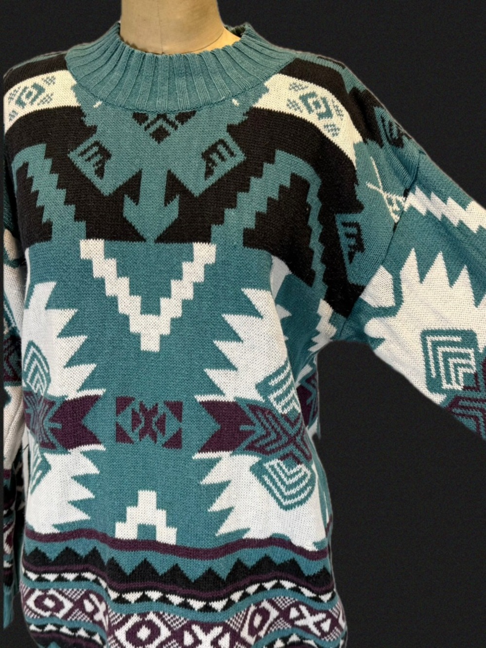 VINTAGE 80s Aztec Southwest‎ tribal pattern knit sweater tunic turquoise western